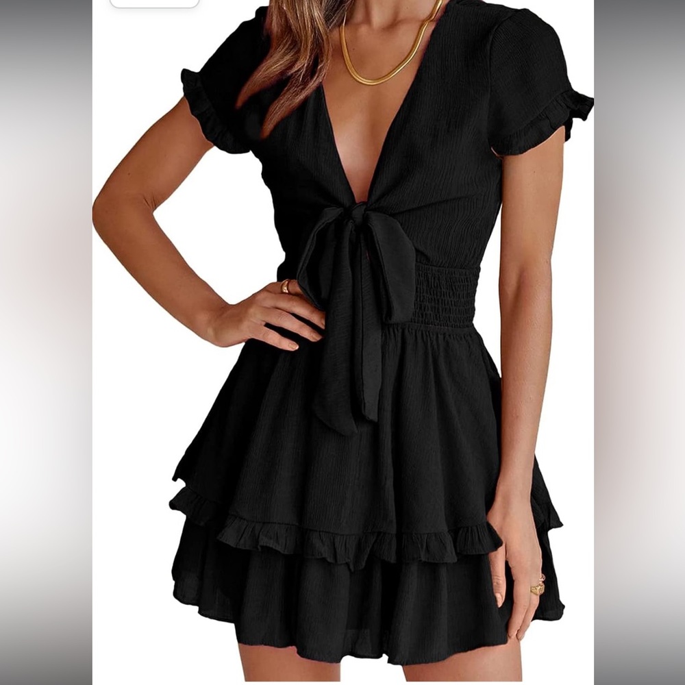 Summer Swing Mini Dress Tie Front V Neck Short Sleeve Ruffle Layer A-Line Dress
